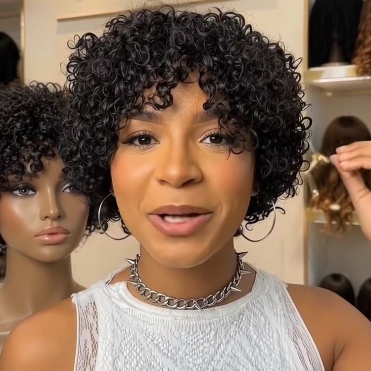 Glossy Jet Black Bouncy Coily Bob Wig - Kinky Curly Human Hair with Defined Tight Rings- Rafarada