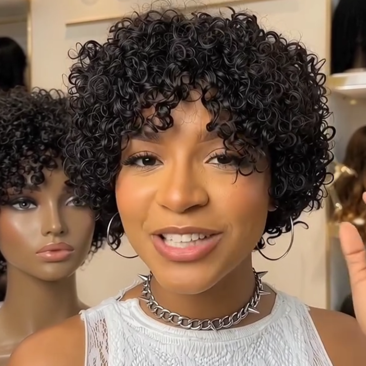Glossy Jet Black Bouncy Coily Bob Wig - Kinky Curly Human Hair with Defined Tight Rings- Rafarada