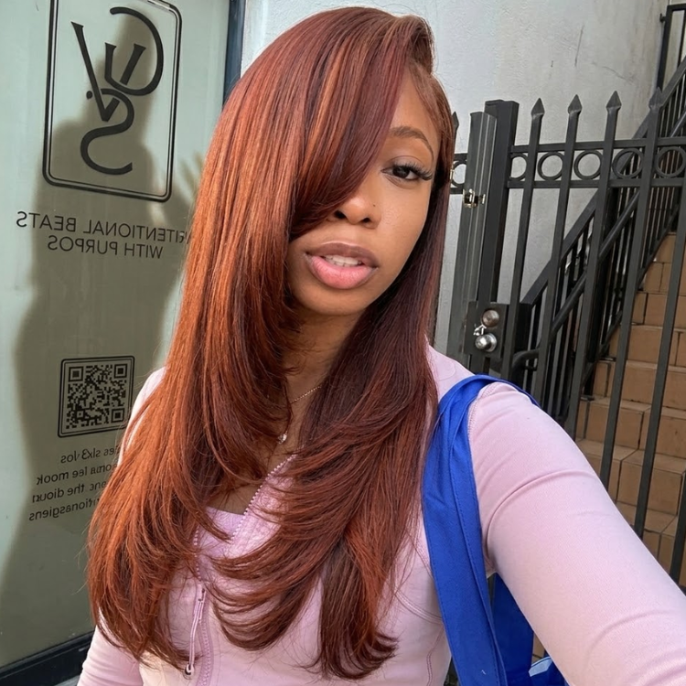 Glueless Copper Auburn Layered Straight Lace Front Wig - High Density HD Transparent Lace Human Hair Wig with Deep Side Swept Bangs  - Rafarada