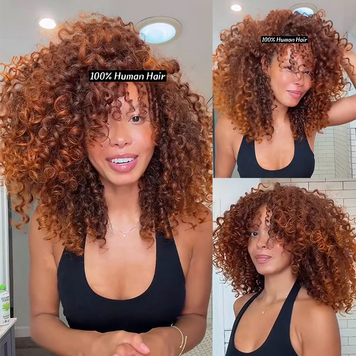 Glueless Reddish Brown Bouncy Curly Wig With Bangs Copper Brown  Spiral Curly Hair Wig- Rafarada