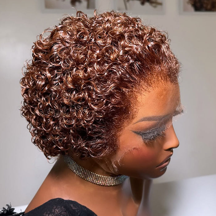 Copper Brown Pixie Cut Curly Wig Short HD Full Lace Front Human Hair Wig for Women - Rafarada