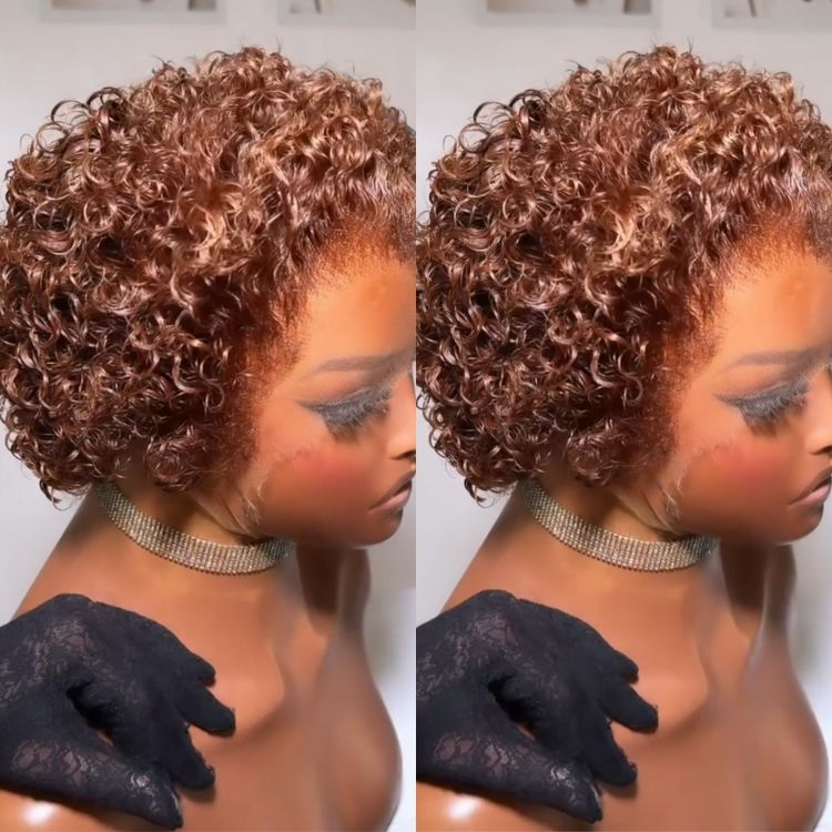Copper Brown Pixie Cut Curly Wig Short HD Full Lace Front Human Hair Wig for Women - Rafarada
