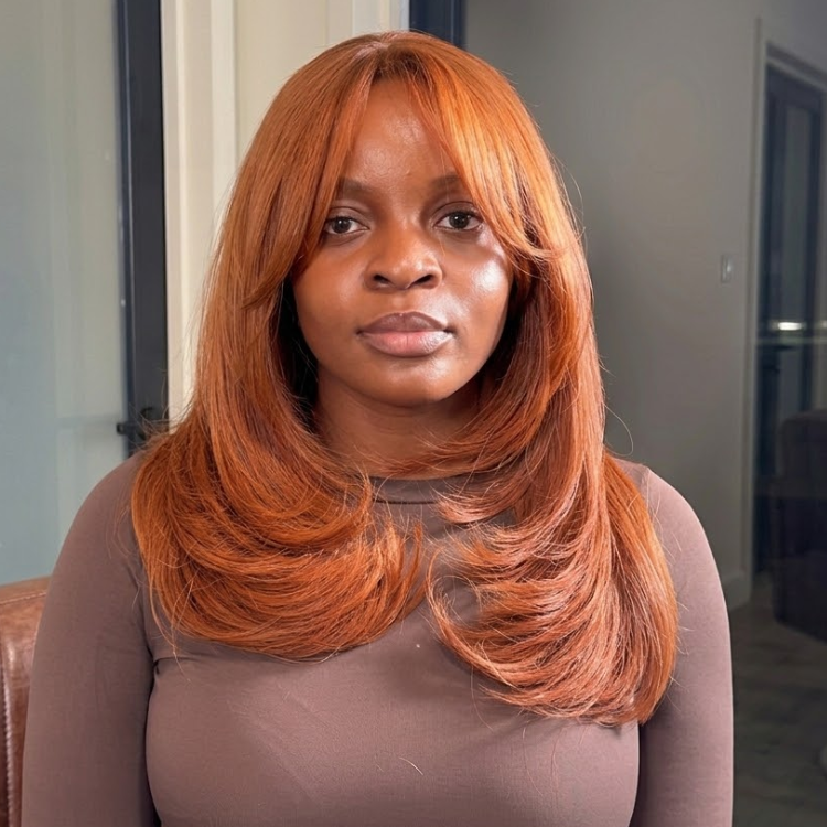 Copper Ginger Orange Human Hair Wig - Voluminous Layered Straight with Curved Ends - Glueless HD Lace Front Wig Natural Hairline with Bangs  - Rafarada