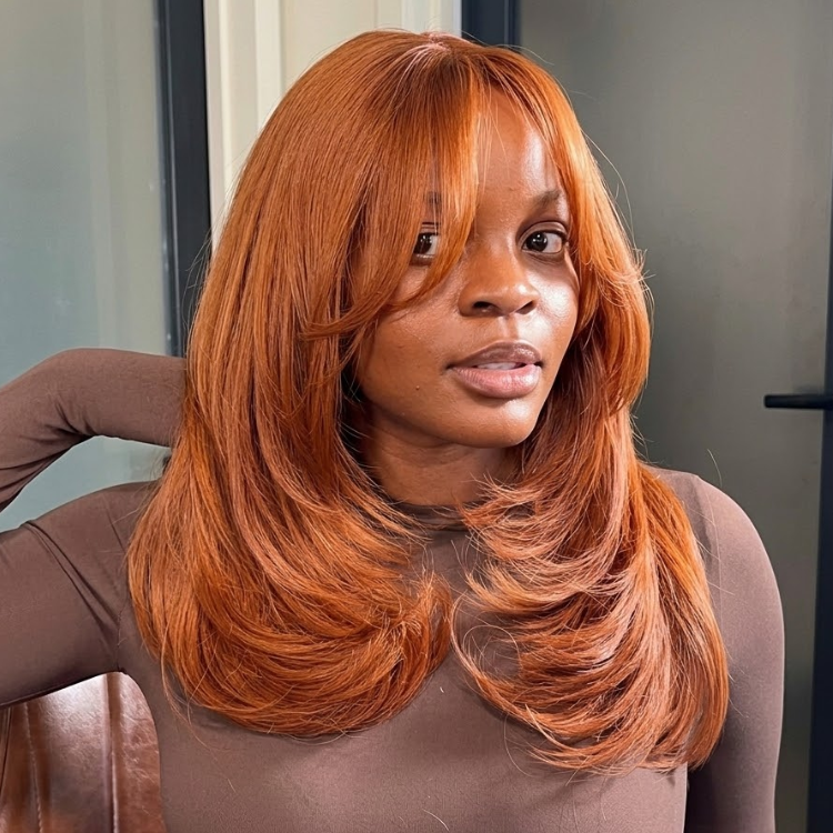 Copper Ginger Orange Human Hair Wig - Voluminous Layered Straight with Curved Ends - Glueless HD Lace Front Wig Natural Hairline with Bangs  - Rafarada