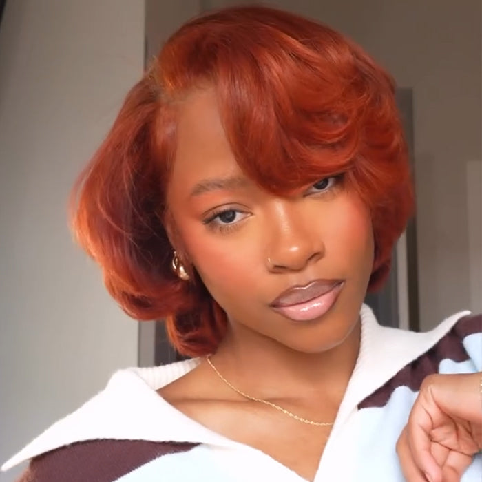Copper Ginger Short Bouncy Bob Style Human Hair Wigs Orange Red Glueless Lace Hair - Rafarada