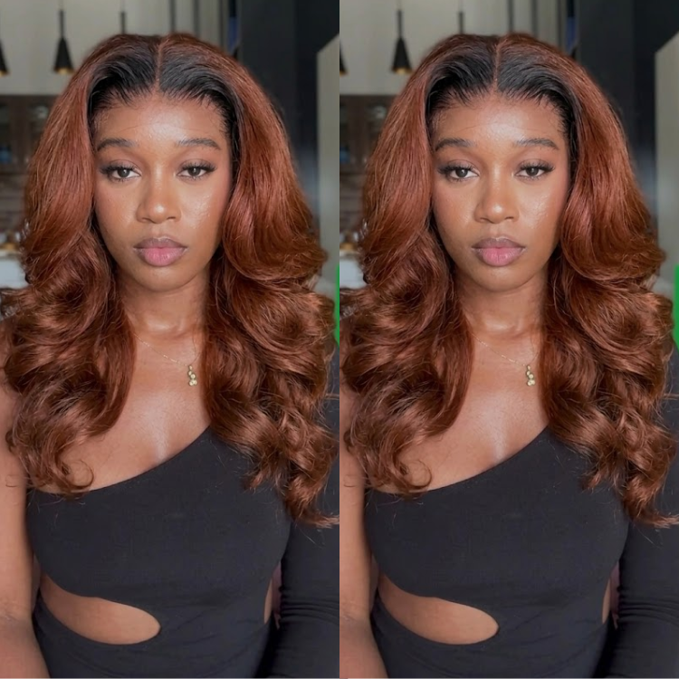 Vibrant Copper Red Body Wave Wig with Dark Roots - Glueless Long Wavy Human Hair Wig for Women featuring Face-Framing Layers- Rafarada