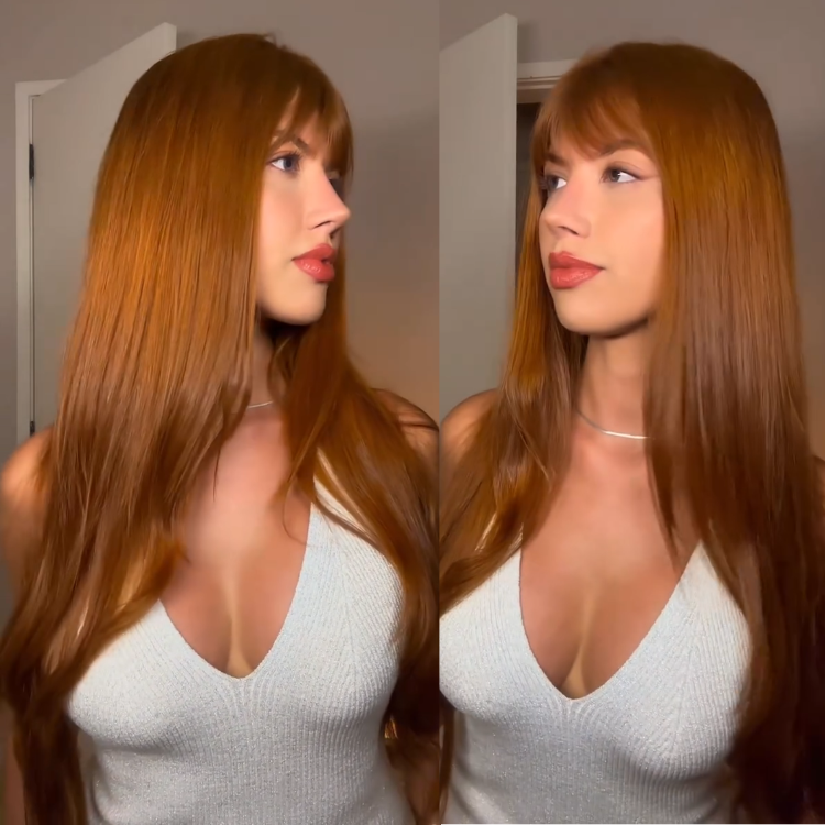 Copper Red Full Money Piece Balayage Highlights, Ultra Long Silky Straight Human Hair Wig with Bangs, Sleek Finish- Rafarada
