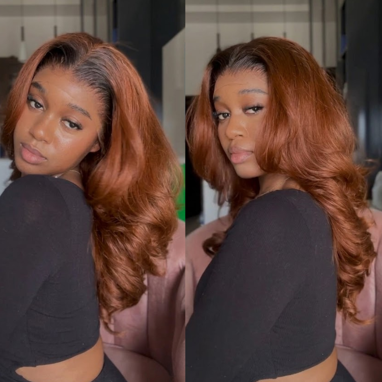 Vibrant Copper Red Body Wave Wig with Dark Roots - Glueless Long Wavy Human Hair Wig for Women featuring Face-Framing Layers- Rafarada