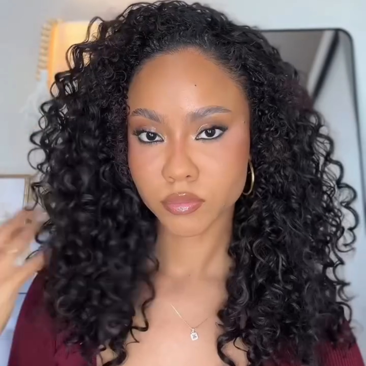 Natural Black Curly Half Wig 1B Spiral Jerry Curly Glueless Wig for Black Women Large Volume 100% Human Hair Extensions - Rafarada