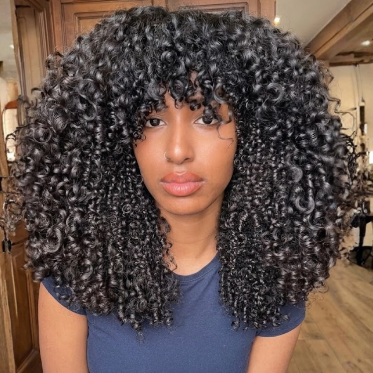 Pre-Plucked 100% Human Hair Curly Wig with Bangs - Natural Black Bouncy & Voluminous Spiral Curls, Kinky Curly Glueless Wig- Rafarada