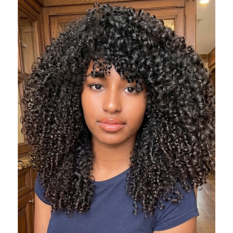 Pre-Plucked 100% Human Hair Curly Wig with Bangs - Natural Black Bouncy & Voluminous Spiral Curls, Kinky Curly Glueless Wig- Rafarada