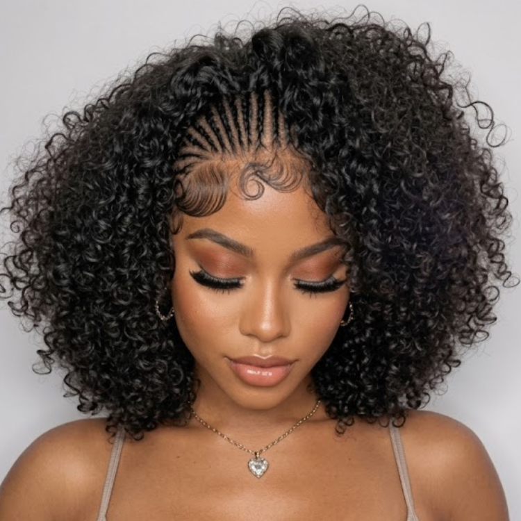 Custom Braided Cornrow Natural Black 3C 4A Defined Spiral Ringlets Wigs for Black Women - Glueless Half Braids Coily Human Hair Wig - Rafarada