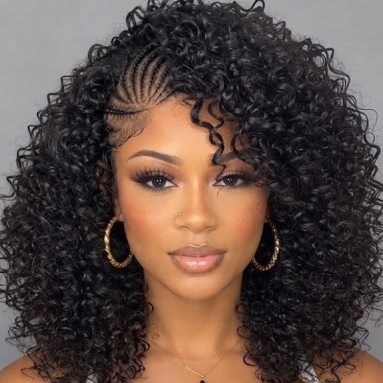Jet Black Custom Cornrow to Kinky Curly Wig for Black Women - 13x6 Glueless Lace Frontal Bob Wig with Defined Coily Texture - Rafarada