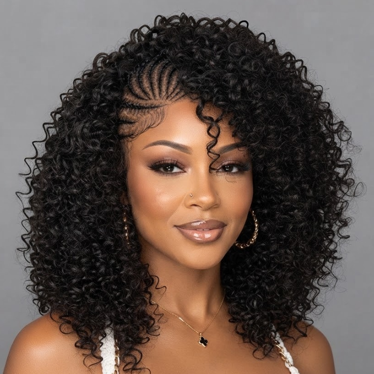 Jet Black Custom Cornrow to Kinky Curly Wig for Black Women - 13x6 Glueless Lace Frontal Bob Wig with Defined Coily Texture - Rafarada