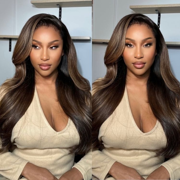Dark Brown Caramel Highlights Color Half Body Human Hair HD Lace Front Wig - Rafarada