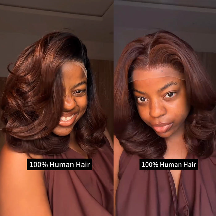 Dark Brown Loose Wave Voluminous Layered Cut Human Hair Wig with Middle Part Lace Wig - Rafarada