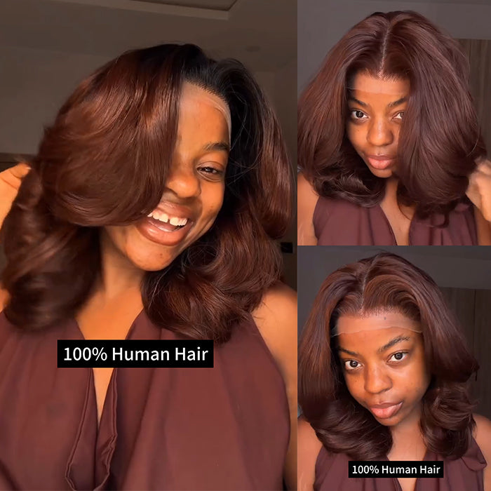 Dark Brown Loose Wave Voluminous Layered Cut Human Hair Wig with Middle Part Lace Wig - Rafarada