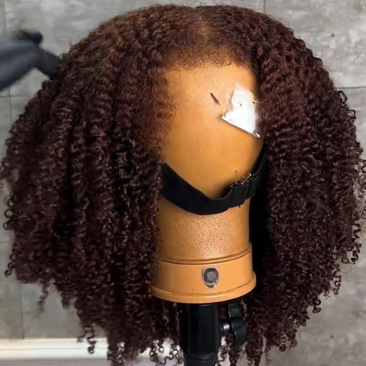 Dark Brown Afro Kinky Curly Lace Front Wig with 4C Edges Glueless Pre-Plucked Middle Part Human Hair Wig for Women - Rafarada