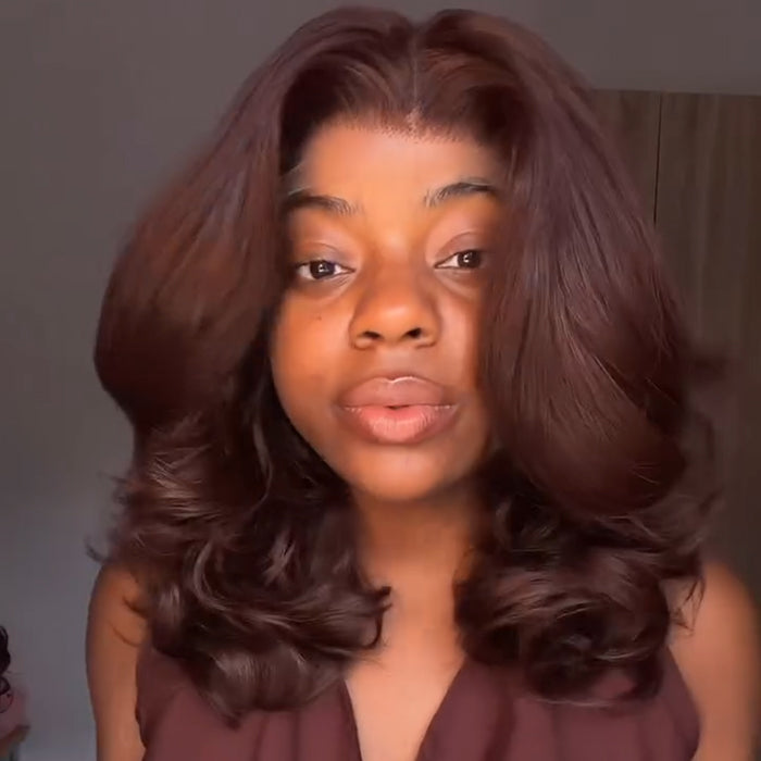 Dark Brown Loose Wave Voluminous Layered Cut Human Hair Wig with Middle Part Lace Wig - Rafarada