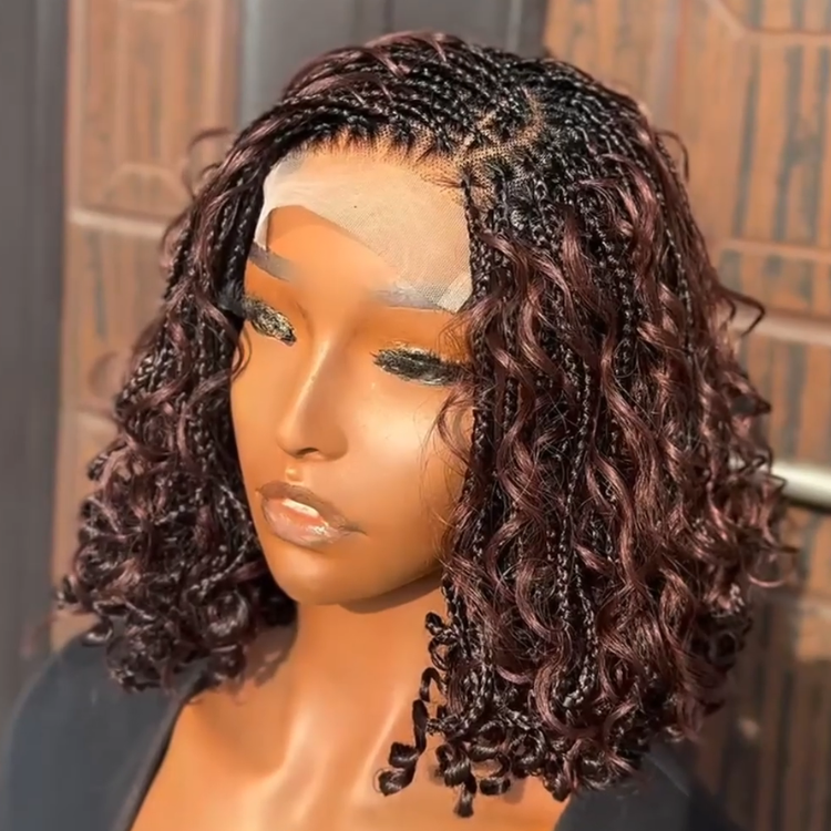 Dark Burgundy Brown Cornrow Braided Curly Human Hair Wig - Glueless Easy Install - Rafarada
