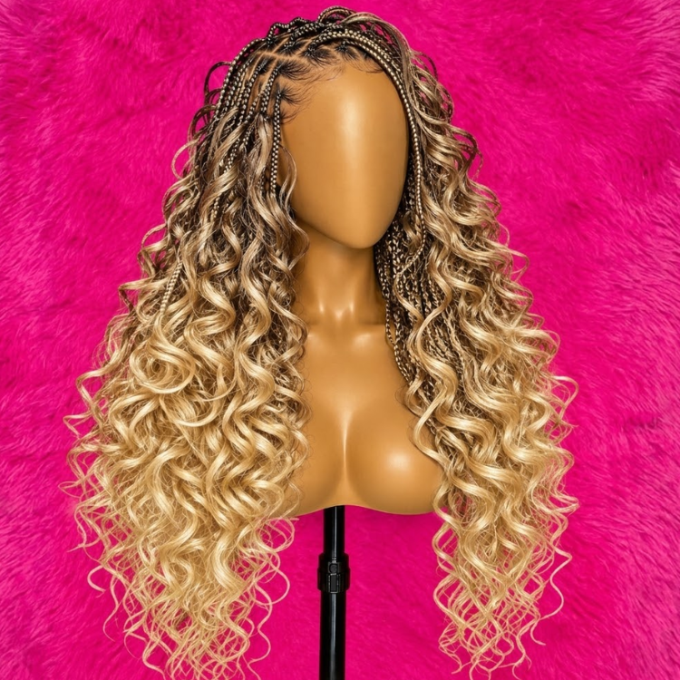 Glossy Natural Black Boho Knotless Braided Wig With Defined Spiral Curls Wig Pre-Plucked Hairline With Baby Hair- Rafarada