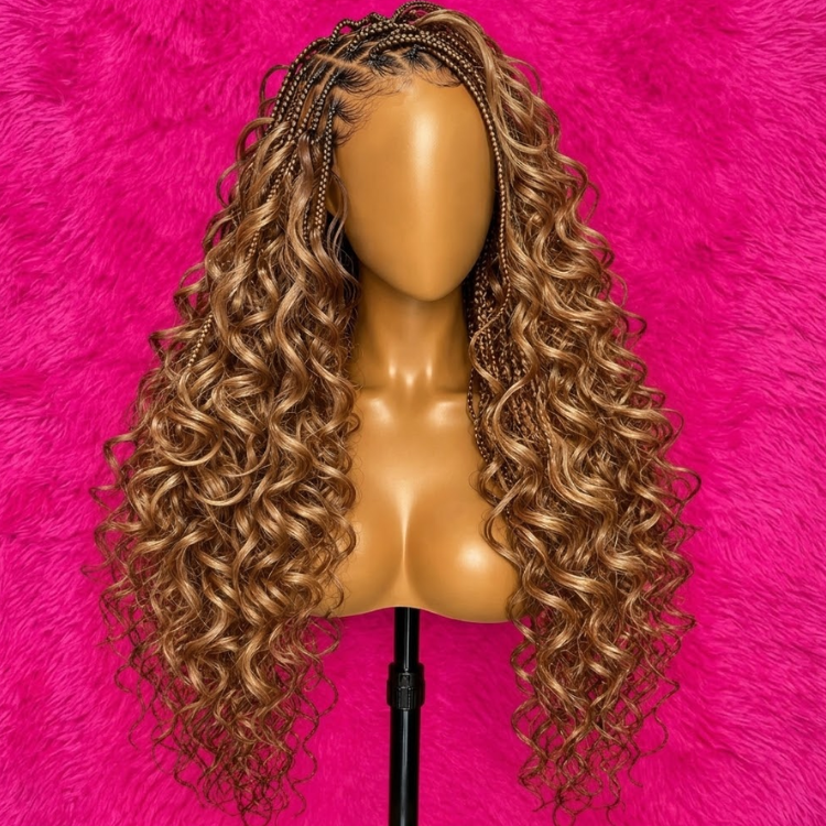 Glossy Natural Black Boho Knotless Braided Wig With Defined Spiral Curls Wig Pre-Plucked Hairline With Baby Hair- Rafarada
