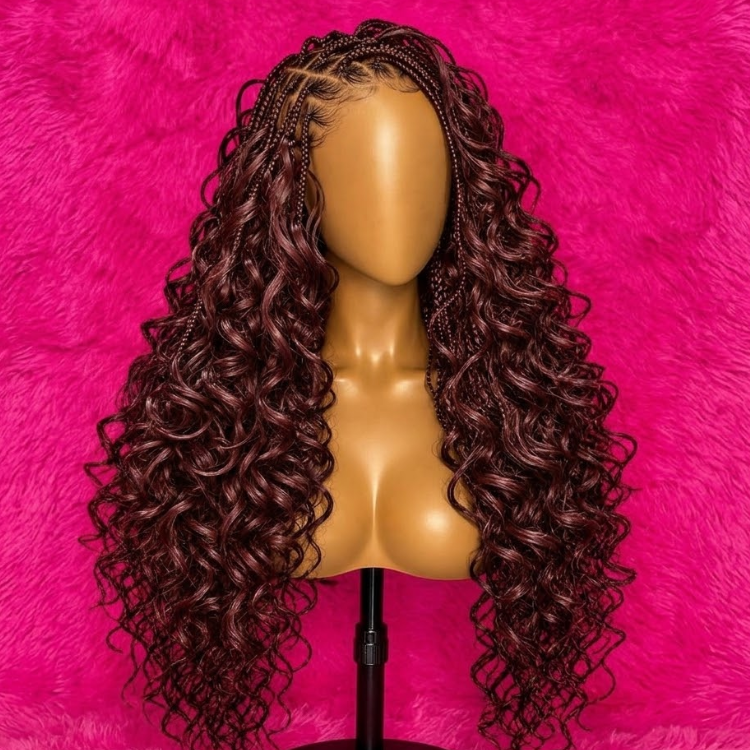 Glossy Natural Black Boho Knotless Braided Wig With Defined Spiral Curls Wig Pre-Plucked Hairline With Baby Hair- Rafarada
