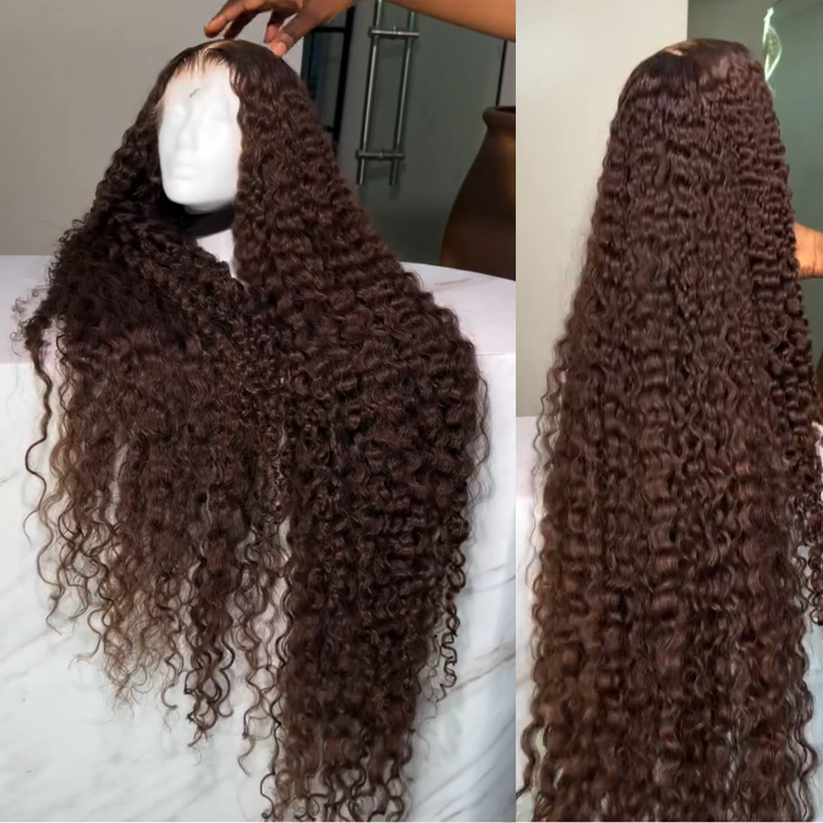 Dark Chestnut Burmese Deep Curly Lace Frontal Wig Chocolate Ombre Middle Part Human Hair Wig Luxury Deep Wave Hair - Rafarada