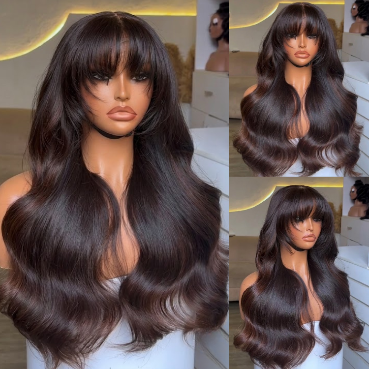 Glueless Dark Chocolate Espresso Voluminous Body Wave Human Hair Wig with Wispy Layered Bangs- Rafarada