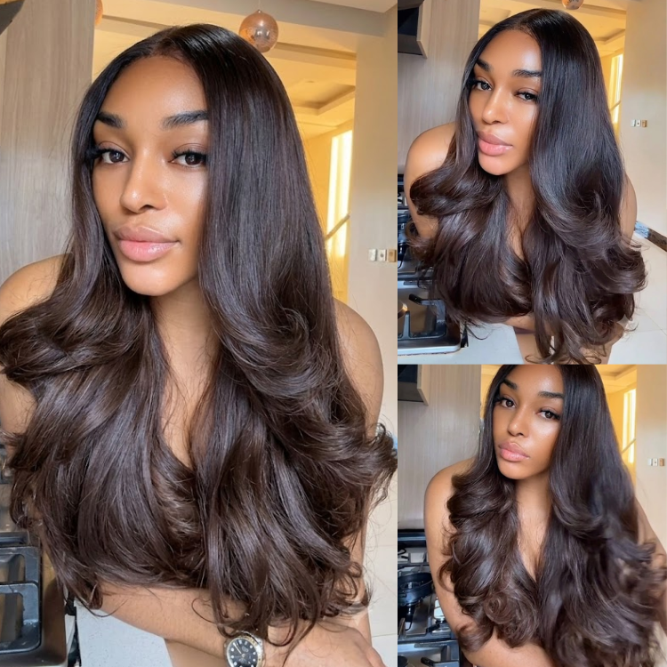 Glueless Dark Chocolate Brown Body Wave Lace Front Human Hair Wig, Pre Plucked HD Transparent Lace Frontal Wig, Voluminous Curtain Layered Cut Big Bouncy Curls Wig- Rafarada