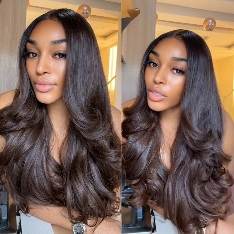 Glueless Dark Chocolate Brown Body Wave Lace Front Human Hair Wig, Pre Plucked HD Transparent Lace Frontal Wig, Voluminous Curtain Layered Cut Big Bouncy Curls Wig- Rafarada