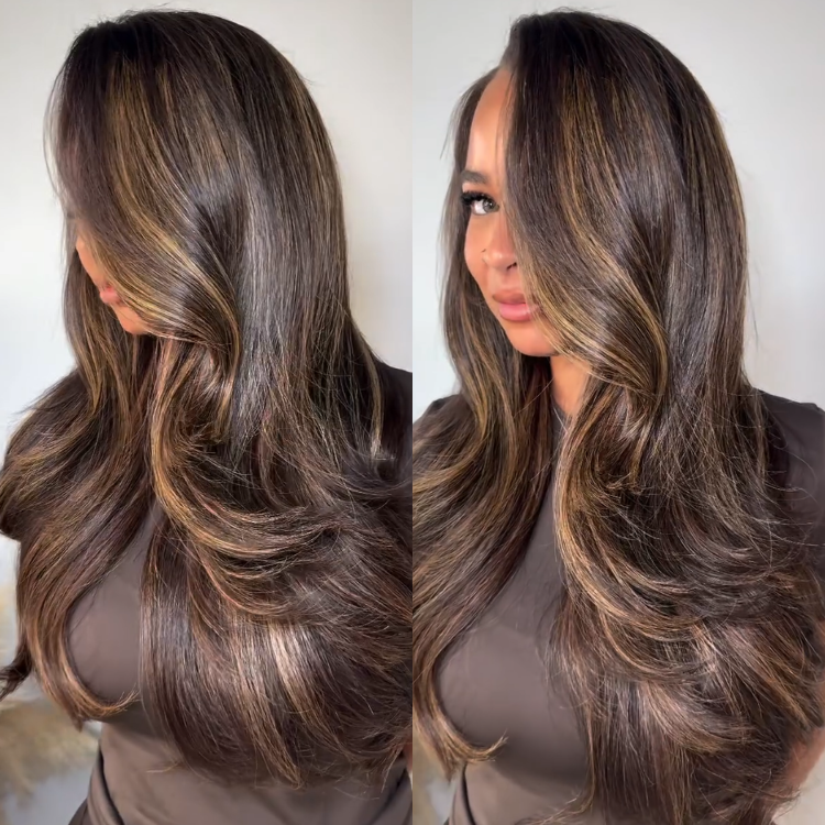 Dark Chocolate Brown With Caramel Honey Highlights Layered Body Wave Human Hair Wig 13x4 Lace Front Textured Soft Wavy Wig - Rafarada