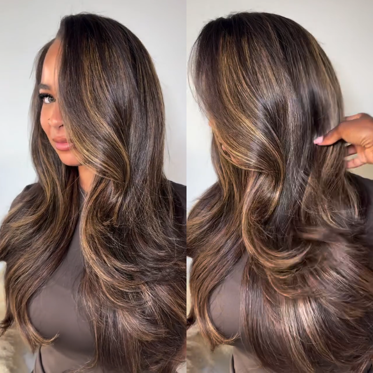 Dark Chocolate Brown With Caramel Honey Highlights Layered Body Wave Human Hair Wig 13x4 Lace Front Textured Soft Wavy Wig - Rafarada