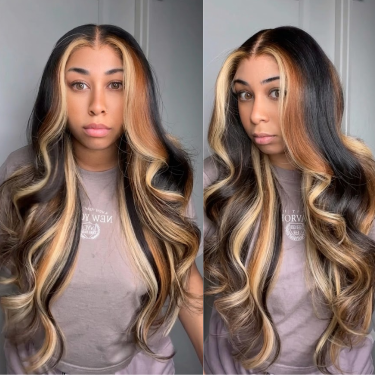 Deep Espresso & Rich Caramel Honey Money Piece Chunky Highlights, Loose Body Wave Human Hair 13x4 Lace Front Wig, Soft Large Curls- Rafarada