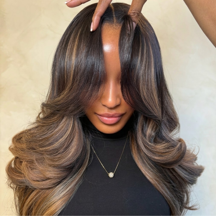 Dark Chocolate Honey Balayage Layered Blowout Wave Human Hair Wig 13x4 Lace Front Mocha Chestnut Colored Wig Middle Part  - Rafarada