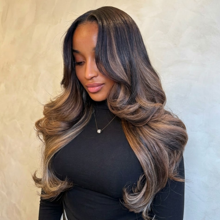 Dark Chocolate Honey Balayage Layered Blowout Wave Human Hair Wig 13x4 Lace Front Mocha Chestnut Colored Wig Middle Part  - Rafarada