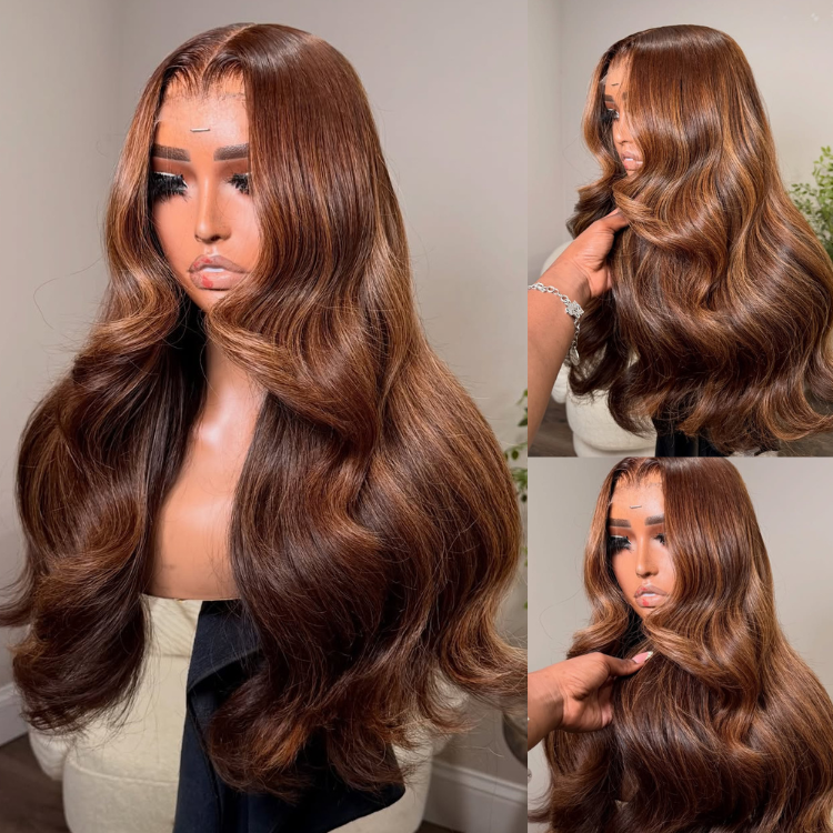 Glueless Dark Chocolate with Golden Caramel Highlights Voluminous Bouncy Layered Body Wave Lace Front Human Hair Wig- Rafarada