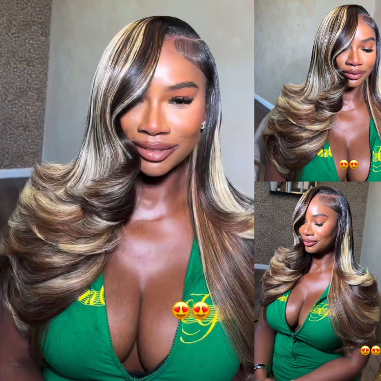 Dark Root Blonde Highlighted Loose Wave Lace Front Wig - Voluminous Hollywood Curls Human Hair- Rafarada