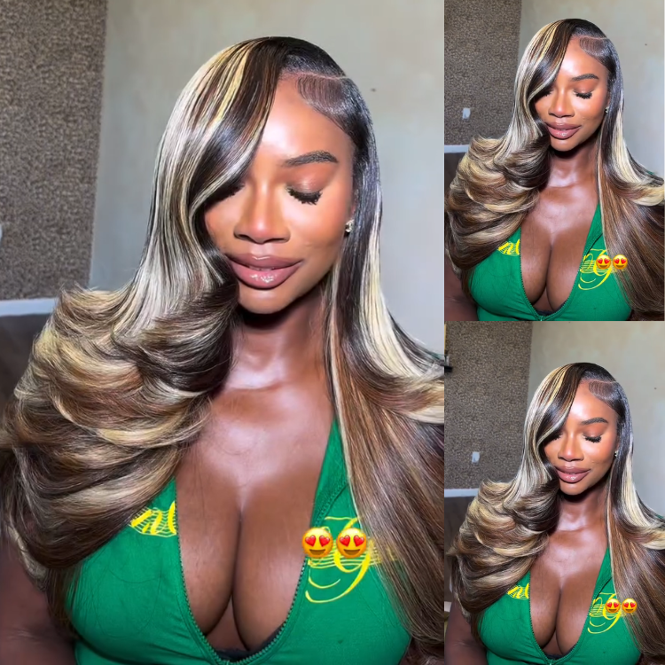 Dark Root Blonde Highlighted Loose Wave Lace Front Wig - Voluminous Hollywood Curls Human Hair- Rafarada