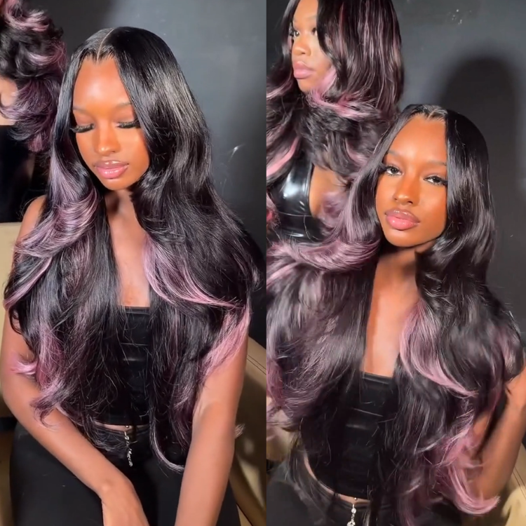 Dark Root Lavender-Pink Balayage Body Wave Human Hair Wig - 30 Inch Glamour Curls- Rafarada