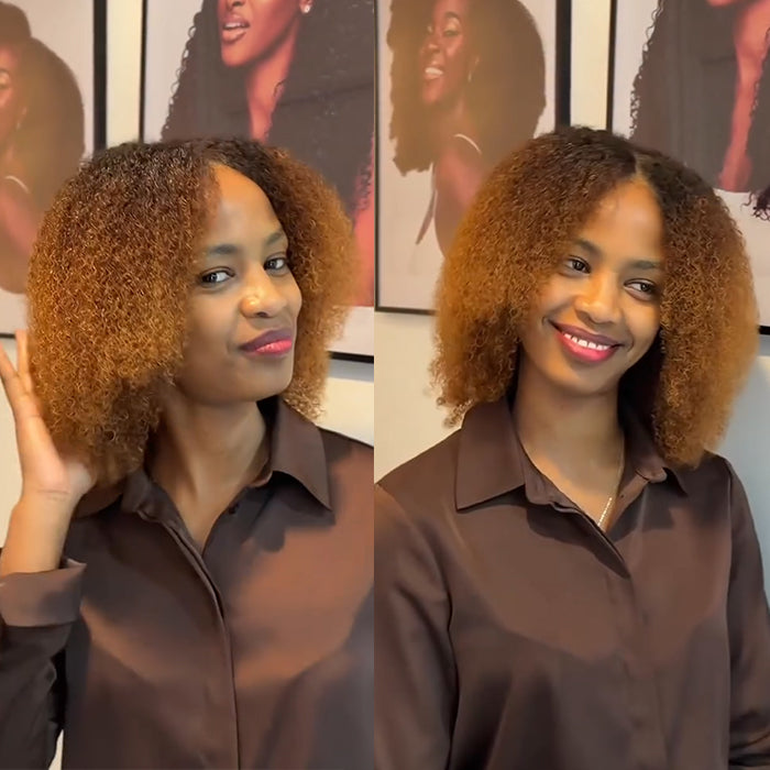 Honey Blonde Ombre Kinky Curly Bob Wig Corn Silk Dark Roots Afro Coily Lace Wig - Rafarada