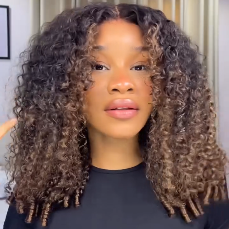Dark Roots Chestnut Brown & Toffee Highlight Curly Lace Front Wig HD Transparent Lace, Voluminous Defined Curls, Glueless 100% Human Hair Wig- Rafarada