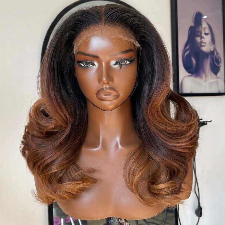 Dark Roots Ombre Caramel Brown Layered Blowout Wave HD Lace Front Wig - Pre-Plucked Glueless Human Hair Wig - Rafarada