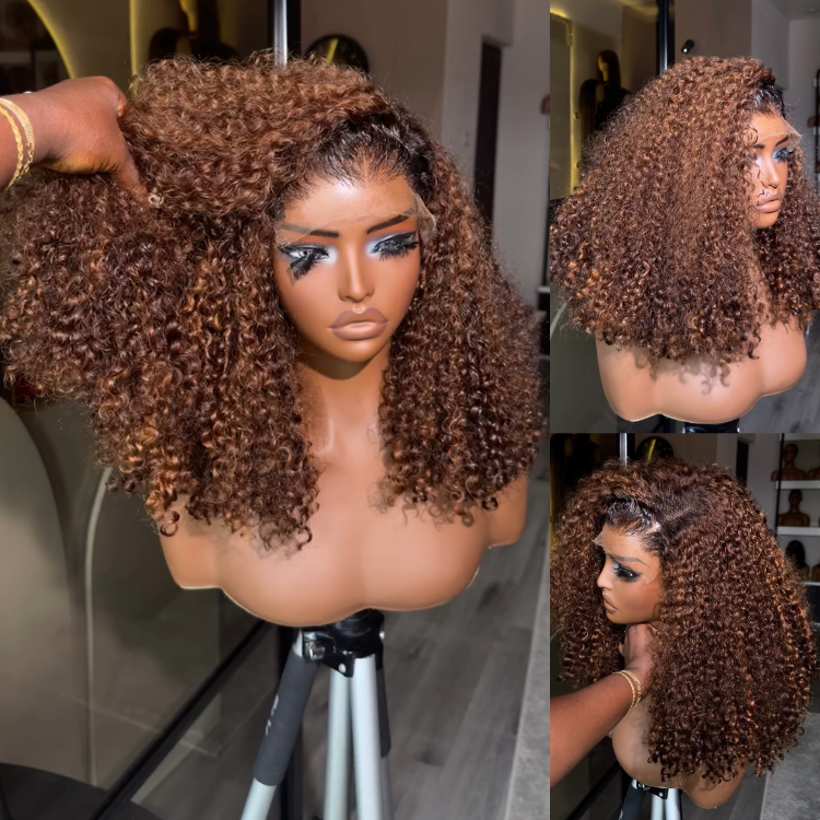 Dark Roots Reddish Brown Curly Lace Front Human Hair Wigs Pre-Plucked Glueless Highlight Auburn Deep Curly Wig for Women- Rafarada