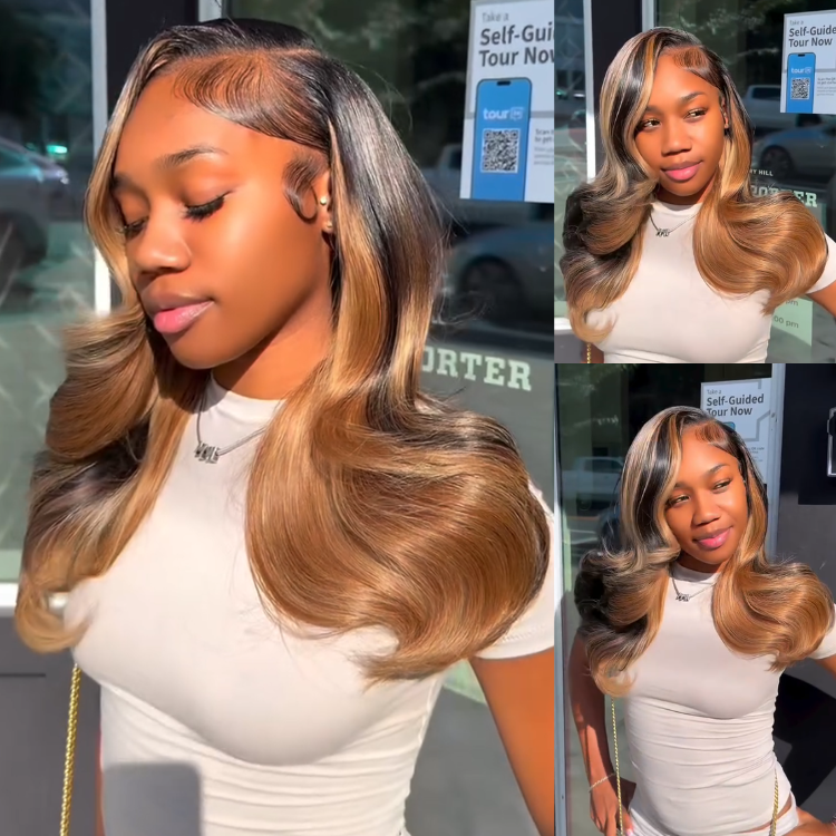 Striking Dark Root to Honey Blonde Highlighted Body Wave Lace Frontal Wig - Bouncy Volume Human Hair- Rafarada