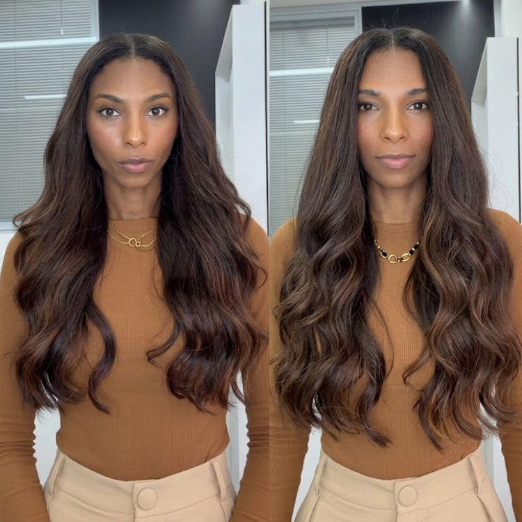 Glueless Body Wave Lace Front Wig Darkest Brown with Chocolate & Caramel Highlights Human Hair Wig- Rafarada