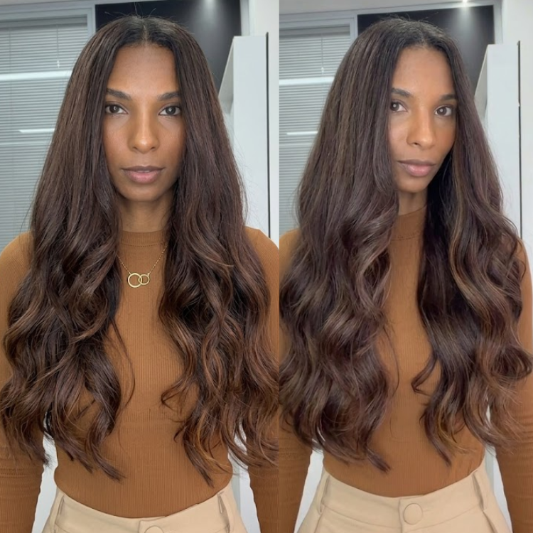 Glueless Body Wave Lace Front Wig Darkest Brown with Chocolate & Caramel Highlights Human Hair Wig- Rafarada