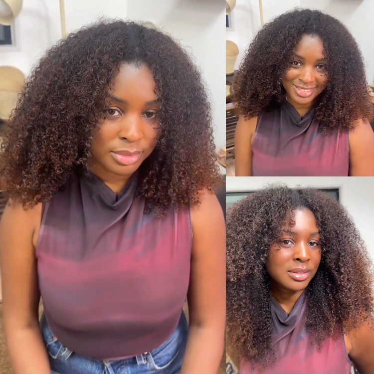 Glueless V Part Afro Kinky Curly Wig No Leave Out Dark to Copper Brown Ombre Human Hair Wig Big Voluminous Curly V-Part Wig - Rafarada