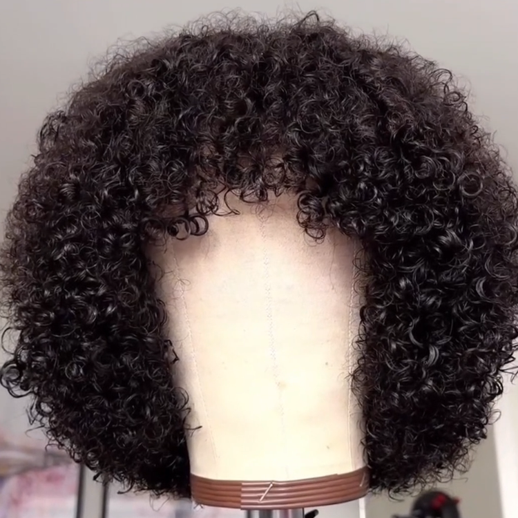Deep Black Voluminous Afro Kinky Curly Human Hair Bob Wig with Bangs - Full and Defined Tight Spiral Curls Glueless Wig- Rafarada