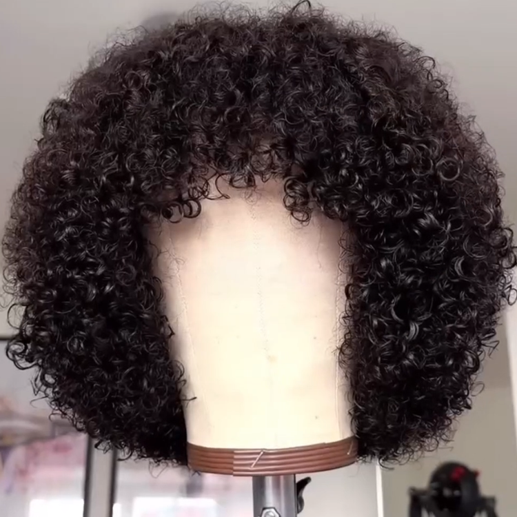 Deep Black Voluminous Afro Kinky Curly Human Hair Bob Wig with Bangs - Full and Defined Tight Spiral Curls Glueless Wig- Rafarada